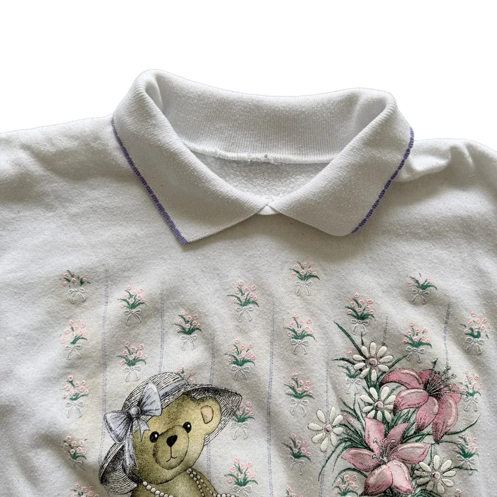 Vintage White Teddy Bear Tea Party Graphic Sweatshirt Polo Collar Women Large - Picture 3 of 8